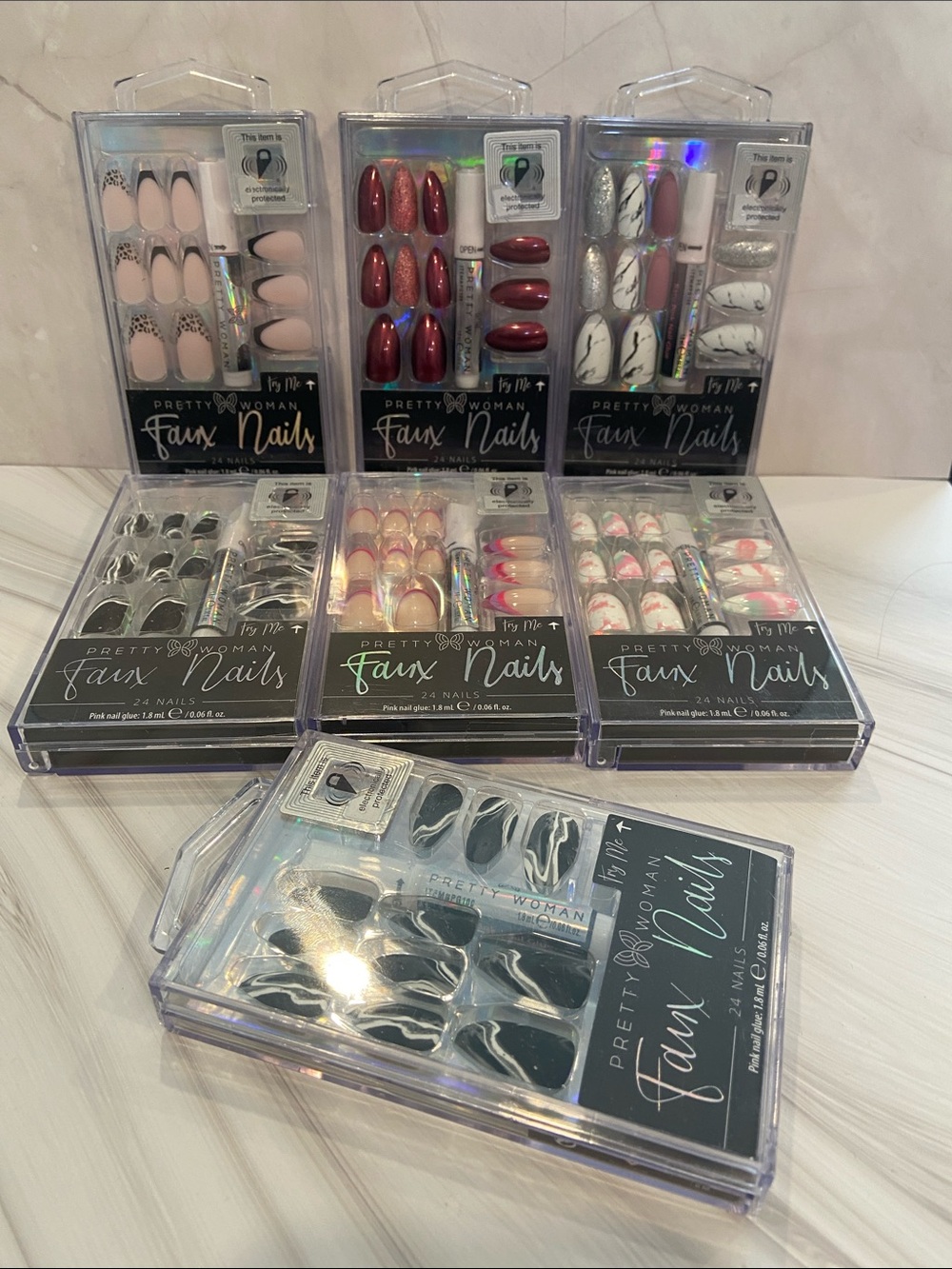 Faux Nails - Assorted Pink, Black, White & Red Press-On Nail Sets - Bundle of 7